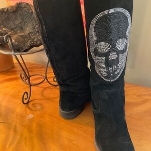 Black Suede below the knee boots with meta